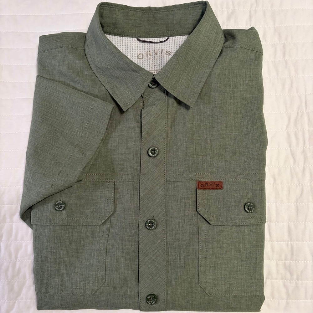 Orvis Short Sleeve Button Down Outdoor Wicking Shirt Olive Green Mens Medium